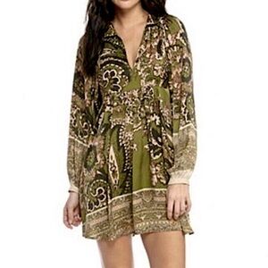 Free People Say You Love Me Olive Green Paisley Boho Babydoll Mini Dress XS S